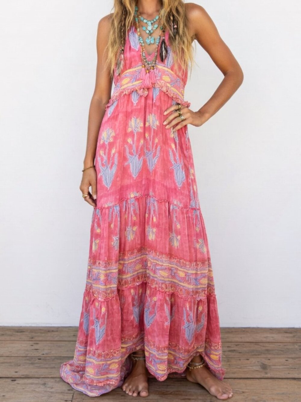 SAL ROSA Block Print Cotton Silk Beaded Tassel Halter Maxi Dress